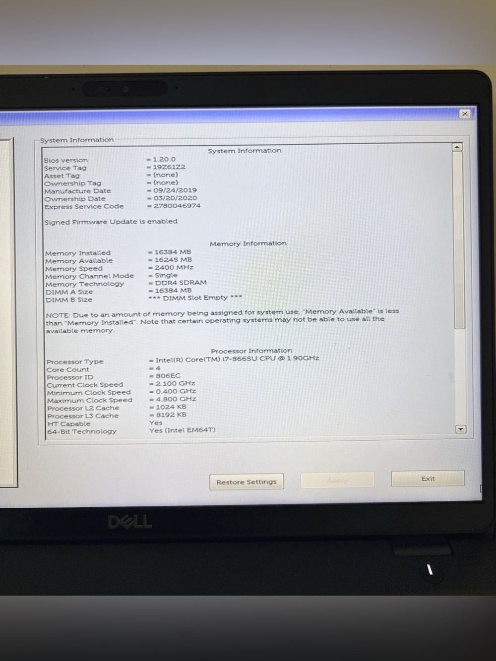 Dell Latitude 5500 Intel Core i7-8665u 1.90Ghz 16GB Ram 256GB SSD. - Picture 4 of 8